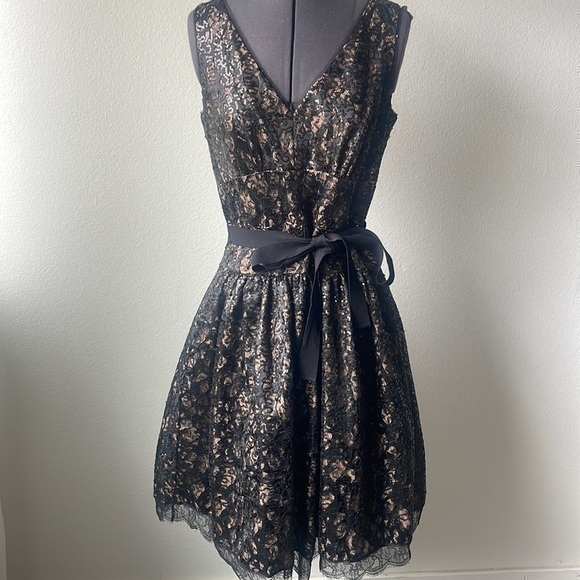 Eliza J Dress Black Lace Nude Colored Size 8 Sequined Balletcore Fit And Flare